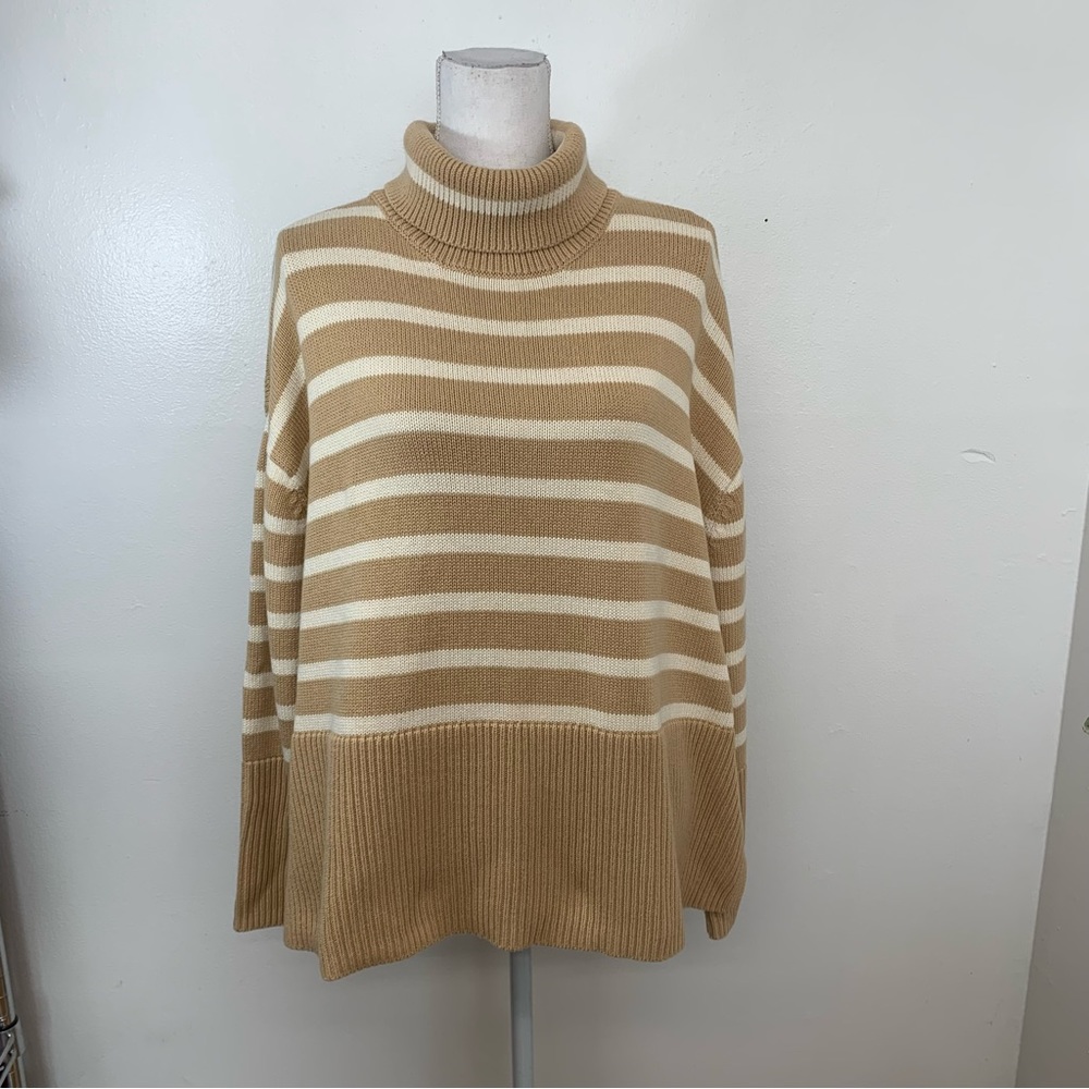 Gap Sweater Woman Sz XL Turtleneck  Long Sleeve Oversize Boxy Cotton Beigh Stipe